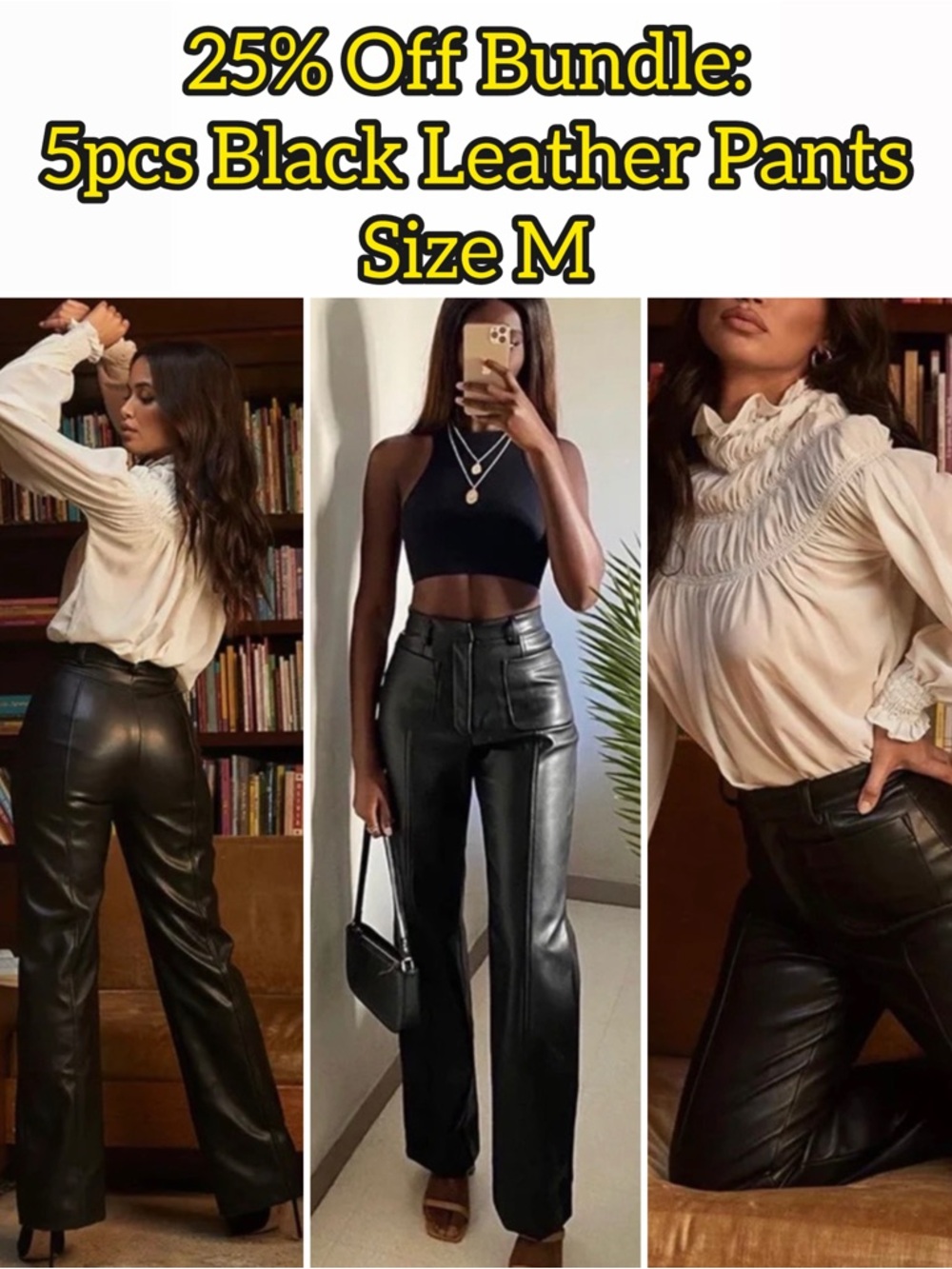 Women's Black Faux Leather Straight-Leg Pants